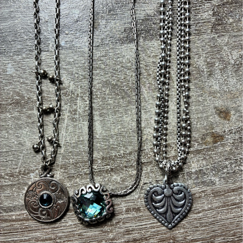 Brighton Necklace Bundle – 3-Piece Silver-Tone Set Heart & Blue Crystal Pendants
